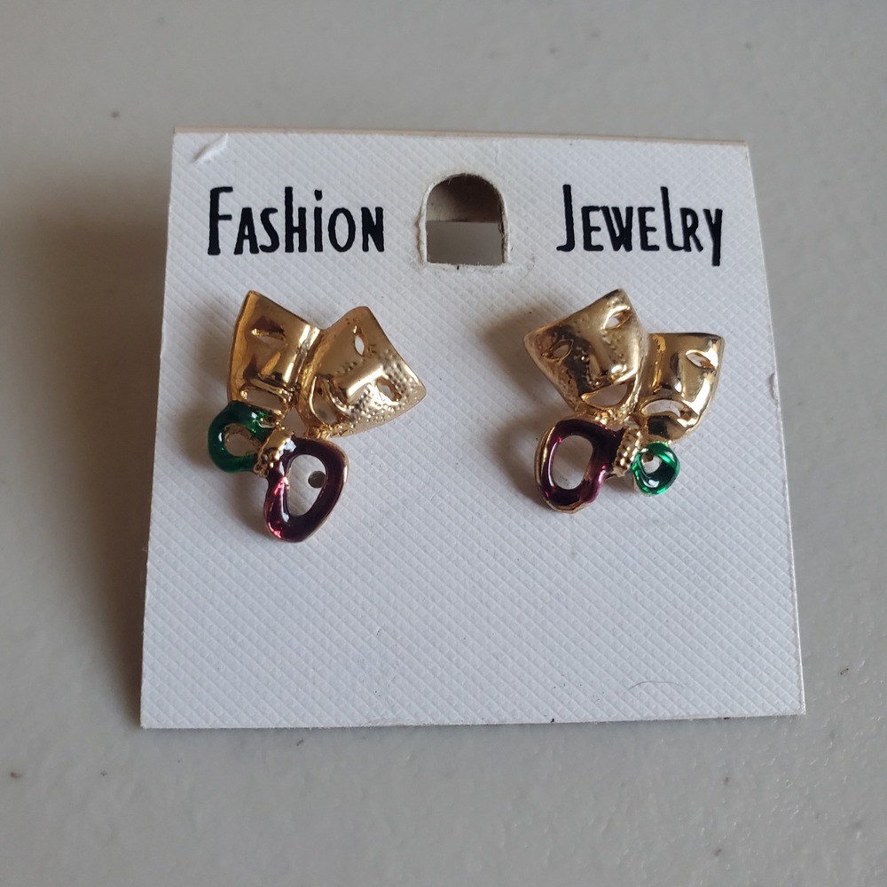 Vintage Gold Tone Comedy Tragedy Theater Mask Stud Earrings Enamel Drama Jewelry